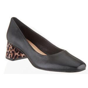 Isaac Mizrahi Leather Pump with Leopard Block Heel Black sz. 10 W